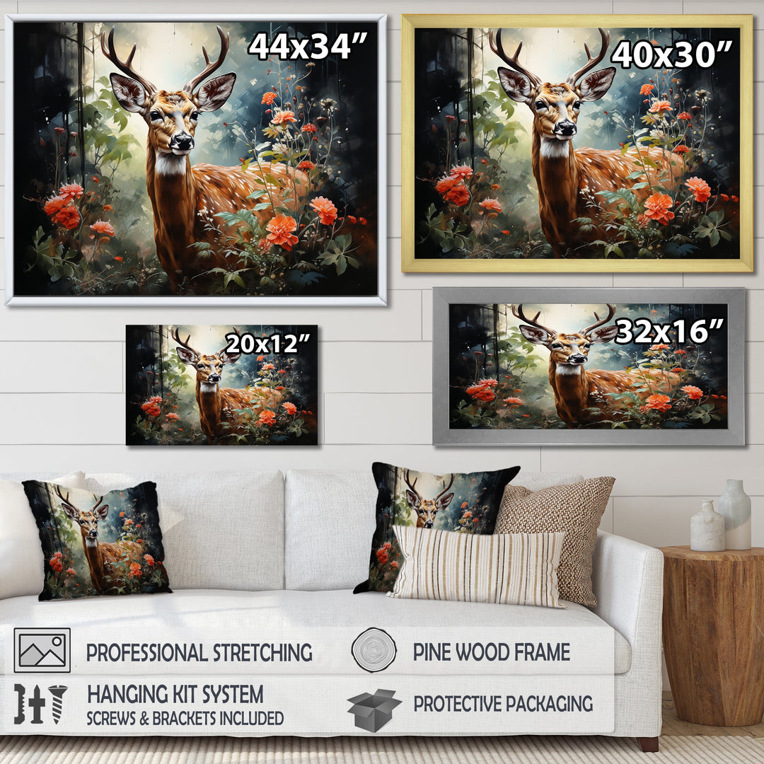 Brown and pink deer in blooming forest wilderness - Deer Landscape Living Room Wall Art