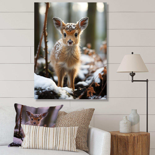 Cute Baby Deer portrait in winter - Animals Canvas Wall Art