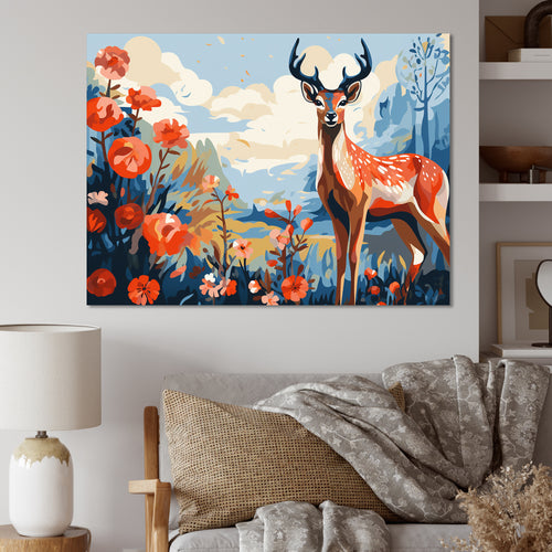 Red and blue Deer in forest - Deer Landscape Wall Art Prints