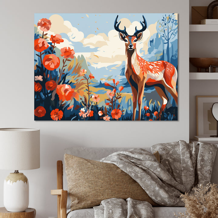 Red and blue Deer in forest - Deer Landscape Wall Art Prints