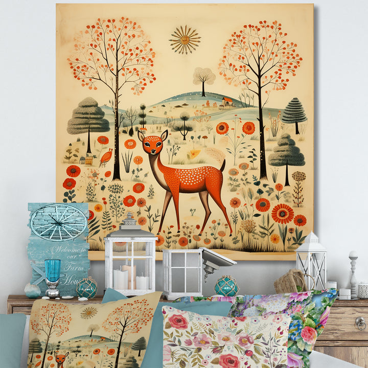 Vintage orange and green Deer pattern - Deer Living Room Wall Art