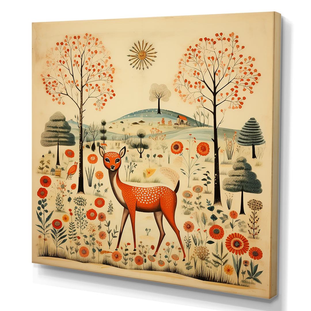 Vintage orange and green Deer pattern - Deer Living Room Wall Art