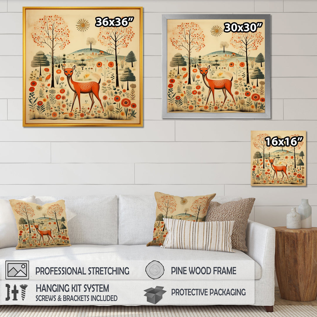 Vintage orange and green Deer pattern - Deer Living Room Wall Art