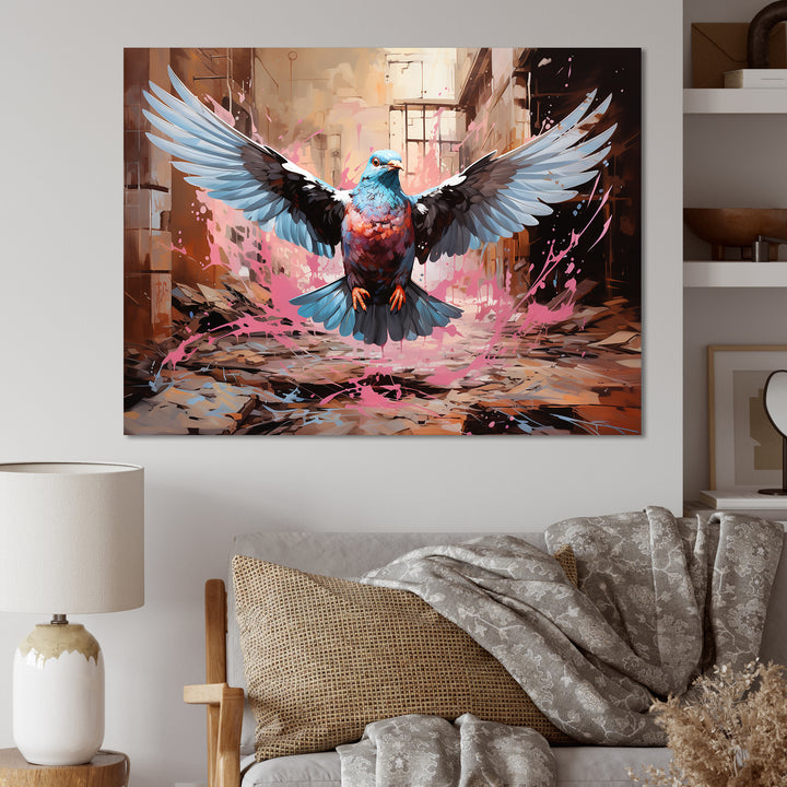 Blue and pink Pigeon in Flight - Pink Pigeon Wall Art
