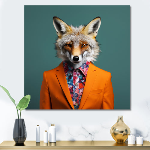 Orange and green suited up fox fashion - Orange Fox Wall Art