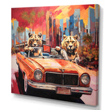 Lions riding in convertible - Lion Large Canvas Wall Art