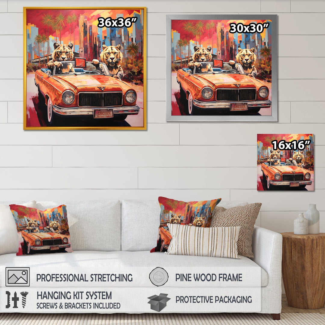 Lions riding in convertible - Lion Large Canvas Wall Art