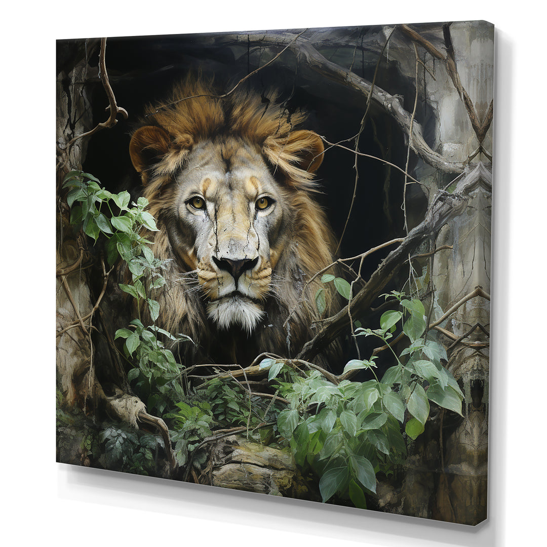 Grey and Green Lion in Jungle - Brown Lion Wall Art