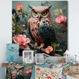 Blue and pink Owls gaze floral forest II - Animals Canvas Wall Art