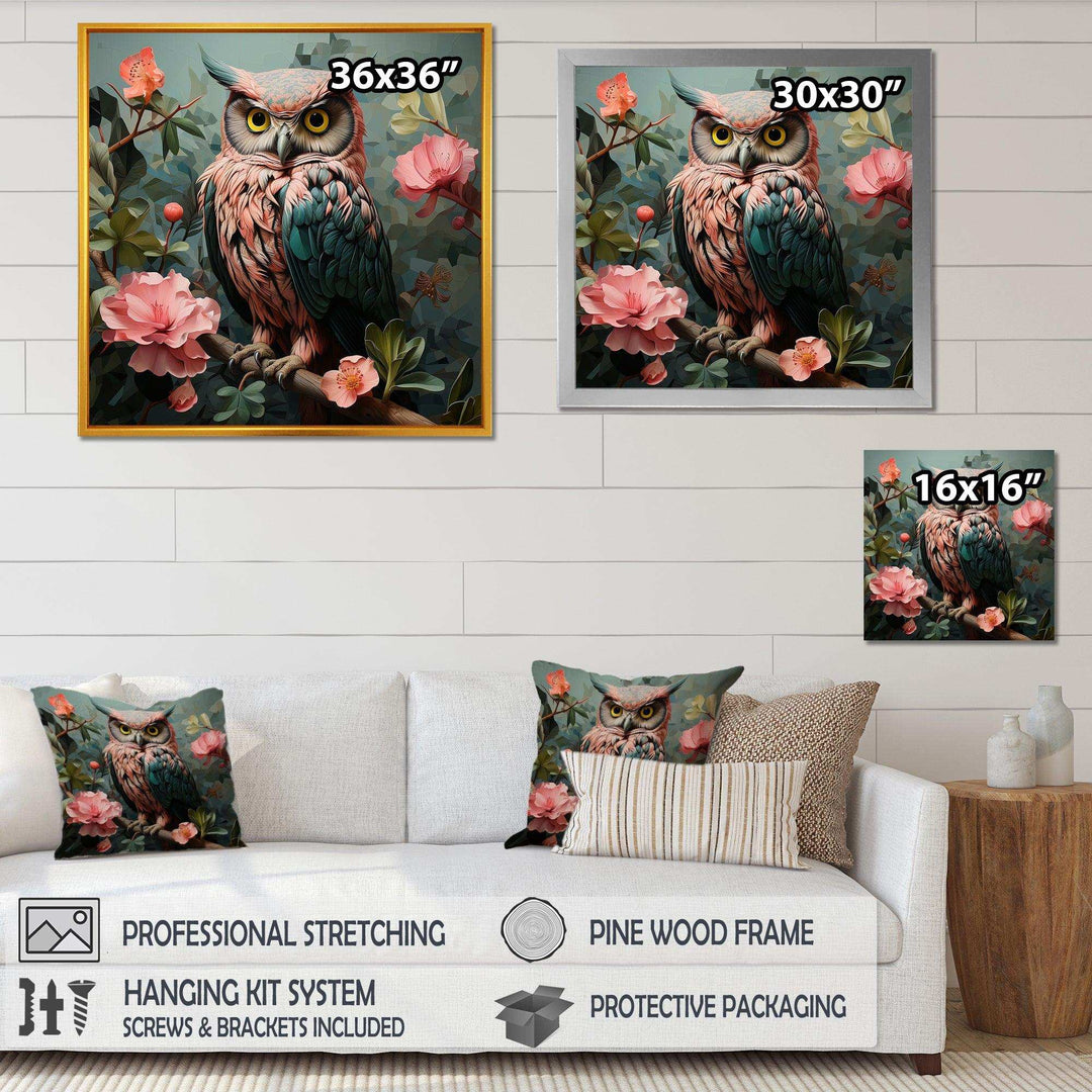 Blue and pink Owls gaze floral forest II - Animals Canvas Wall Art