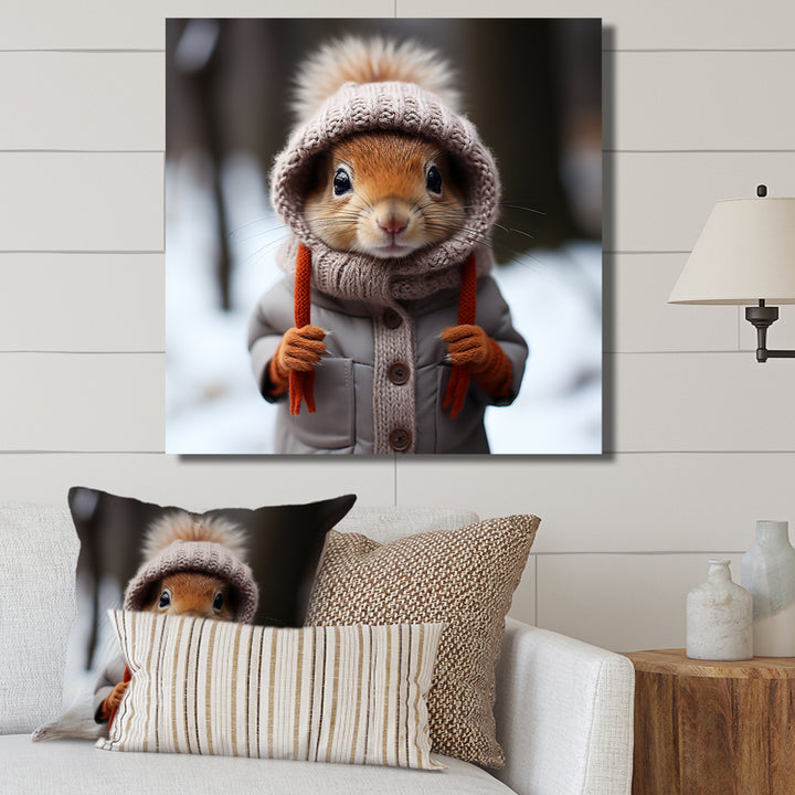 Squirrel with Hat in snow - Squirrel Canvas Wall Art