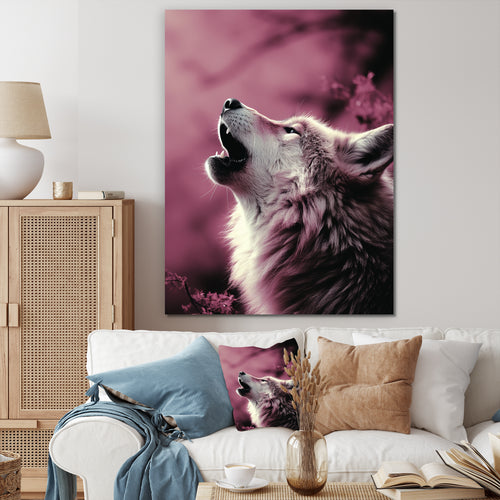 Pink Howling wolf at sunset - Wolf Wall Decor