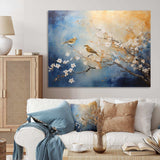 Gold and blue birds on floral tree - Animals Canvas Wall Art