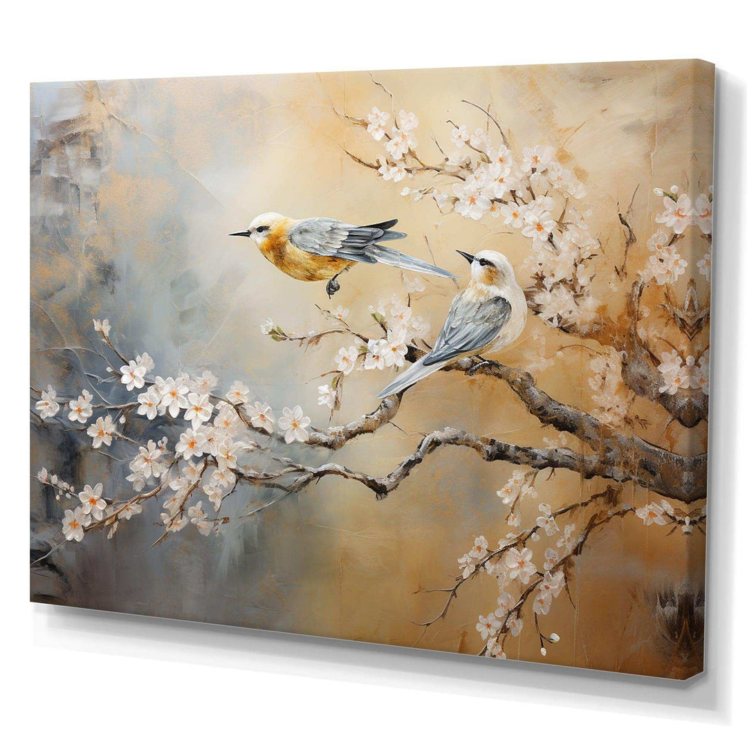Gold and Grey birds on floral tree I - Animals Canvas Wall Art