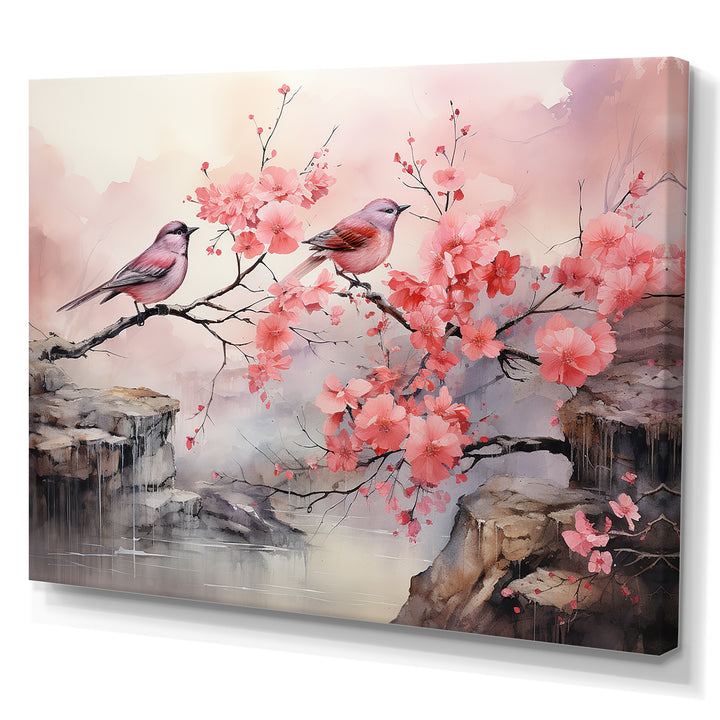 Sakura Pink birds on pink blossom tree - Pink Bird Wall Art