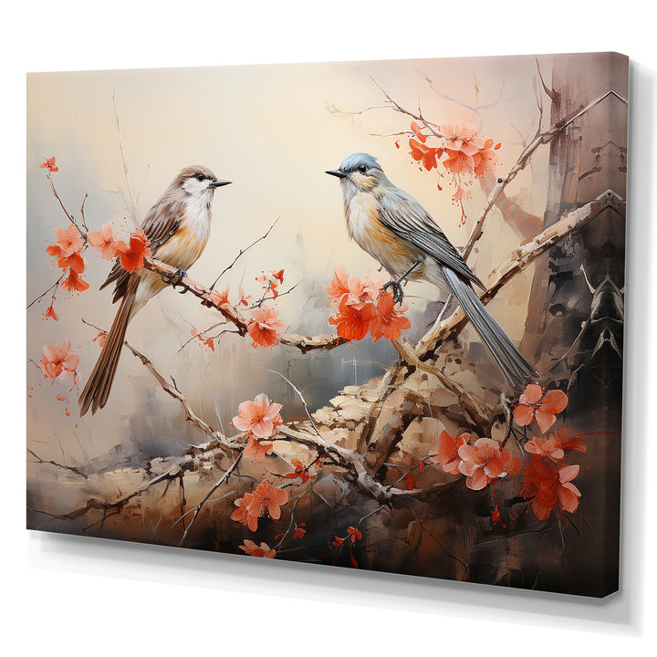 Vintage birds on pink blossom tree - Orange Bird Wall Art