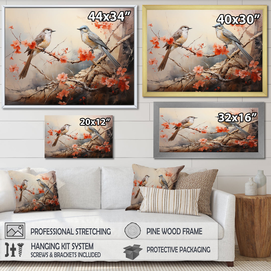 Vintage birds on pink blossom tree - Orange Bird Wall Art