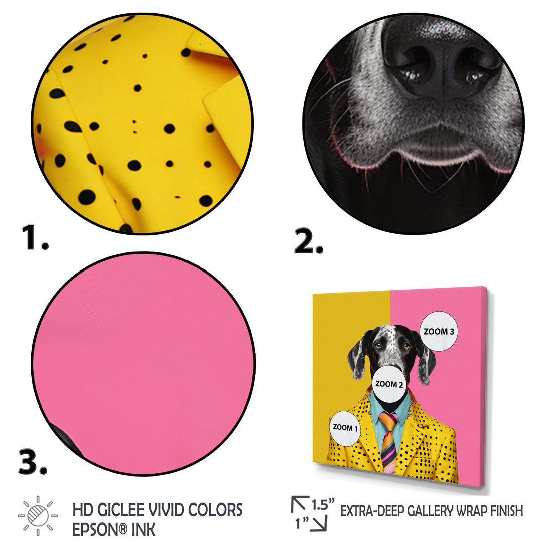 Yellow and pink Fashion first suited dog - Pink Dog Wall Art