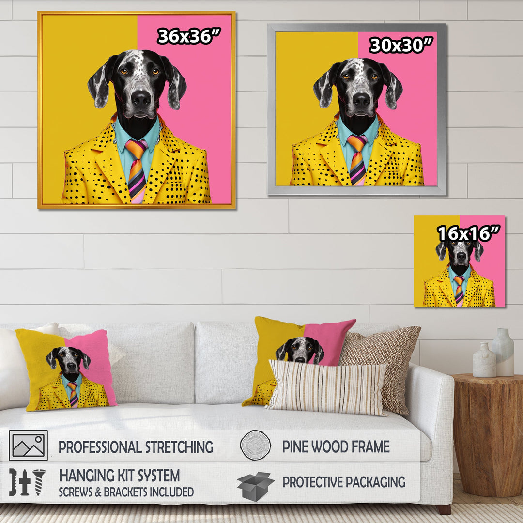 Yellow and pink Fashion first suited dog - Pink Dog Wall Art