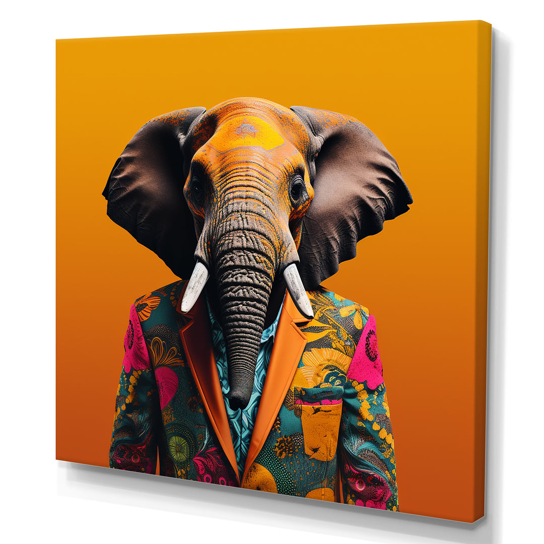 Elephant suited up Yellow and pink - Elephant Large Canvas Wall Art