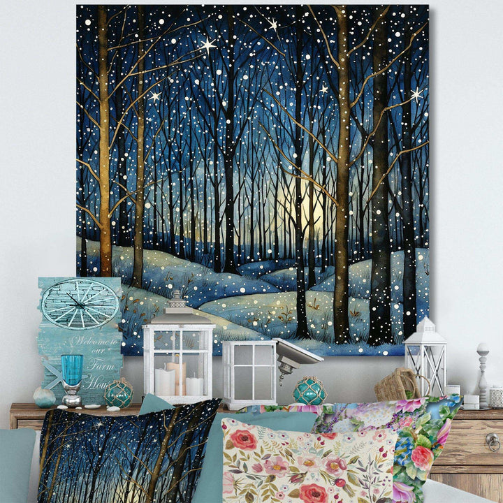 Festive starry night Winter Woodscape - Food &amp; Beverage Canvas Wall Art