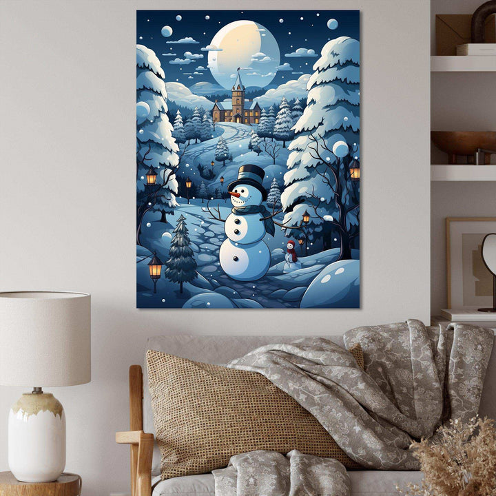 Blue and white Frosty snowman landscape II - Landscapes Canvas Wall Art