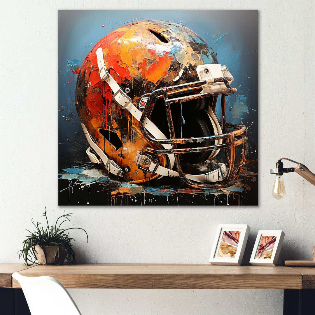Designart Orange And Black Football Helmet Sport Football Wall Art - Modern Wrapped Canvas Wall Decor For Hallway