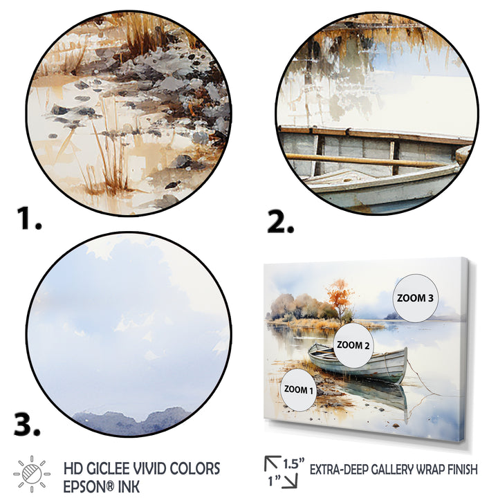 Blue and orange Autumn Tranquility Fishing Boat - Boat Fishing Canvas Wall Art