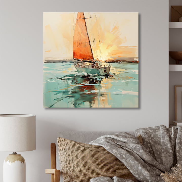 Orange sunset sailing paint I - Boat Canvas Wall Art