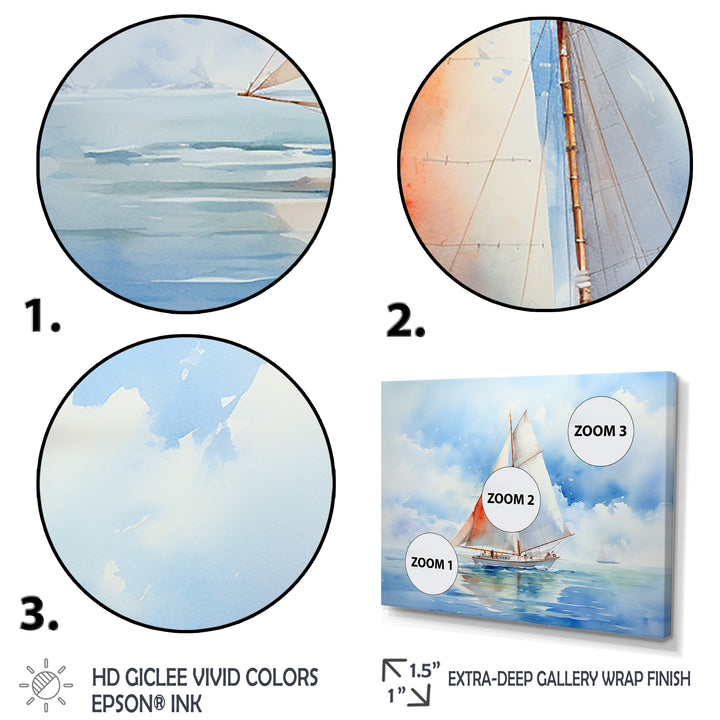 Coastal Serenity Watercolor Sailboat on the Horizon I - Boat Sailing Canvas Wall Art