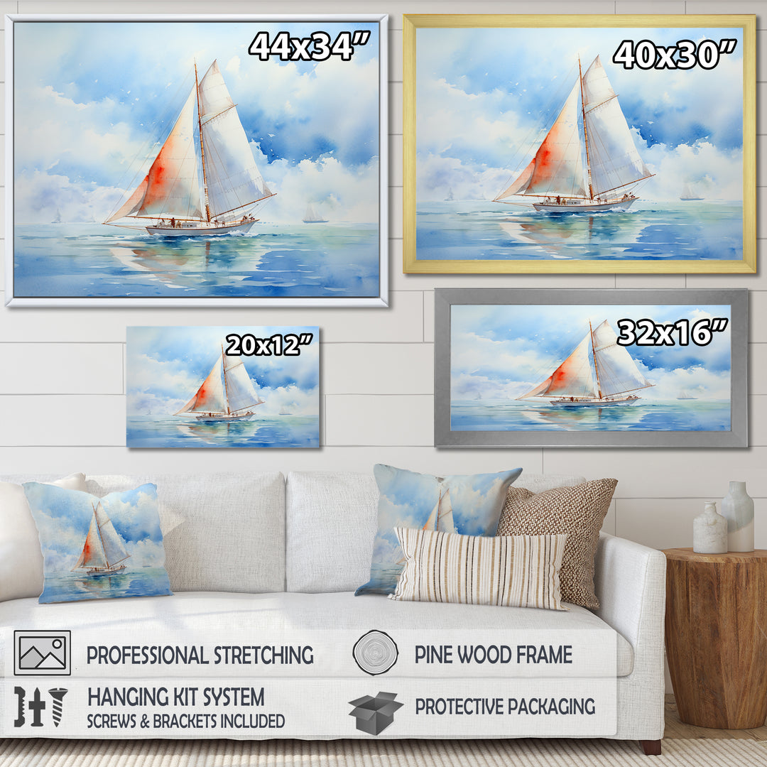 Coastal Serenity Watercolor Sailboat on the Horizon I - Boat Sailing Canvas Wall Art