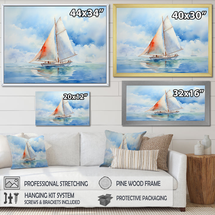 Coastal Serenity Watercolor Sailboat on the Horizon I - Boat Sailing Canvas Wall Art