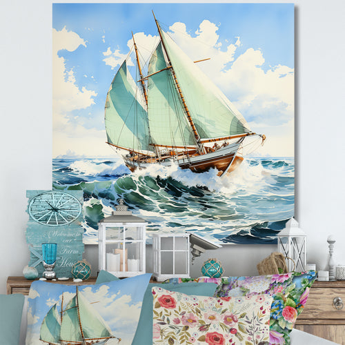 Sailboat watercolor green horizon I - Boat Sailing Canvas Wall Art