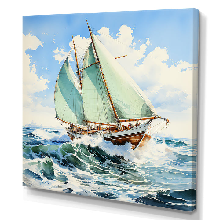 Sailboat watercolor green horizon I - Boat Sailing Canvas Wall Art
