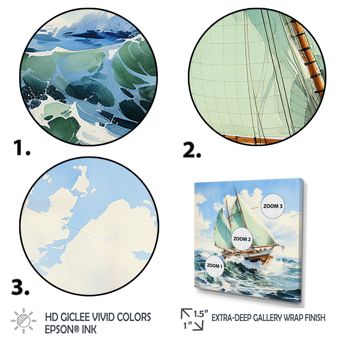 Sailboat watercolor green horizon I - Boat Sailing Canvas Wall Art