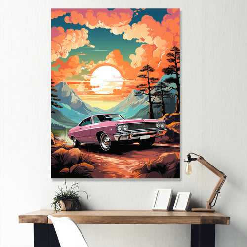 Pink classic muscle car at sunset - Car Muscle Car Canvas Wall Art