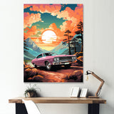 Pink classic muscle car at sunset - Car Muscle Car Canvas Wall Art