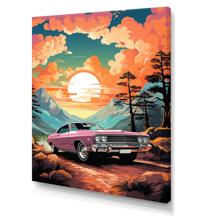 Pink classic muscle car at sunset - Car Muscle Car Canvas Wall Art