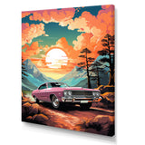 Pink classic muscle car at sunset - Car Muscle Car Canvas Wall Art