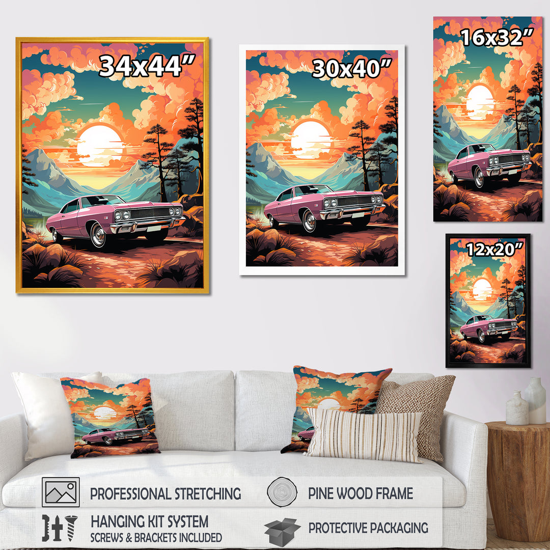 Pink classic muscle car at sunset - Car Muscle Car Canvas Wall Art