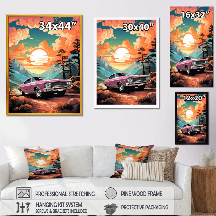 Pink classic muscle car at sunset - Car Muscle Car Canvas Wall Art