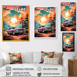 Pink classic muscle car at sunset - Car Muscle Car Canvas Wall Art