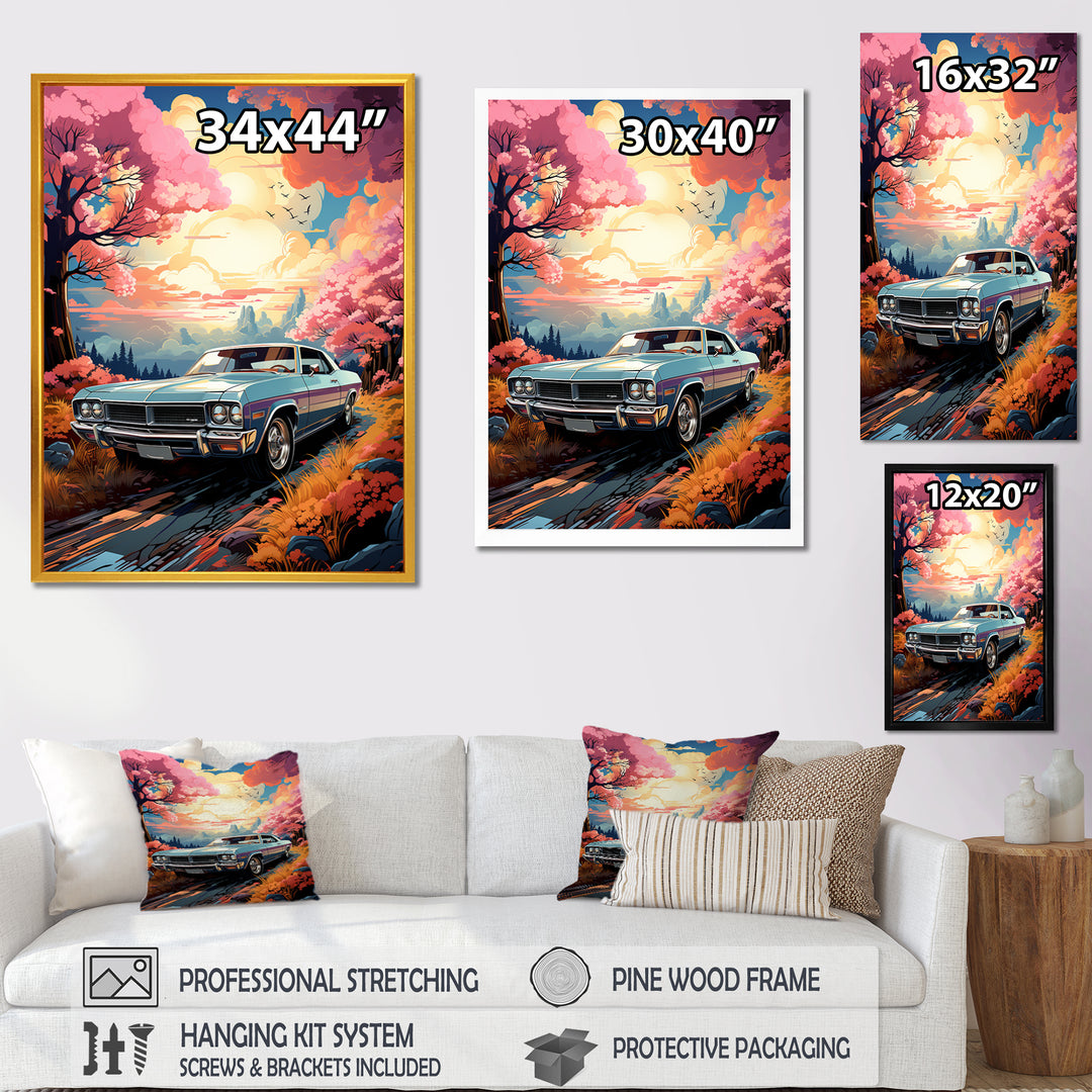 Pink Cadillac car at sunset I - Car Muscle Car Canvas Wall Art