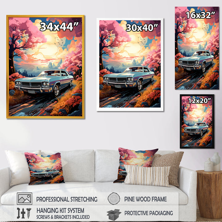 Pink Cadillac car at sunset I - Car Muscle Car Canvas Wall Art