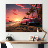 Pink Cadillac on the beach at sunset I - Car Old American Canvas Wall Art