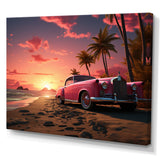Pink Cadillac on the beach at sunset I - Car Old American Canvas Wall Art