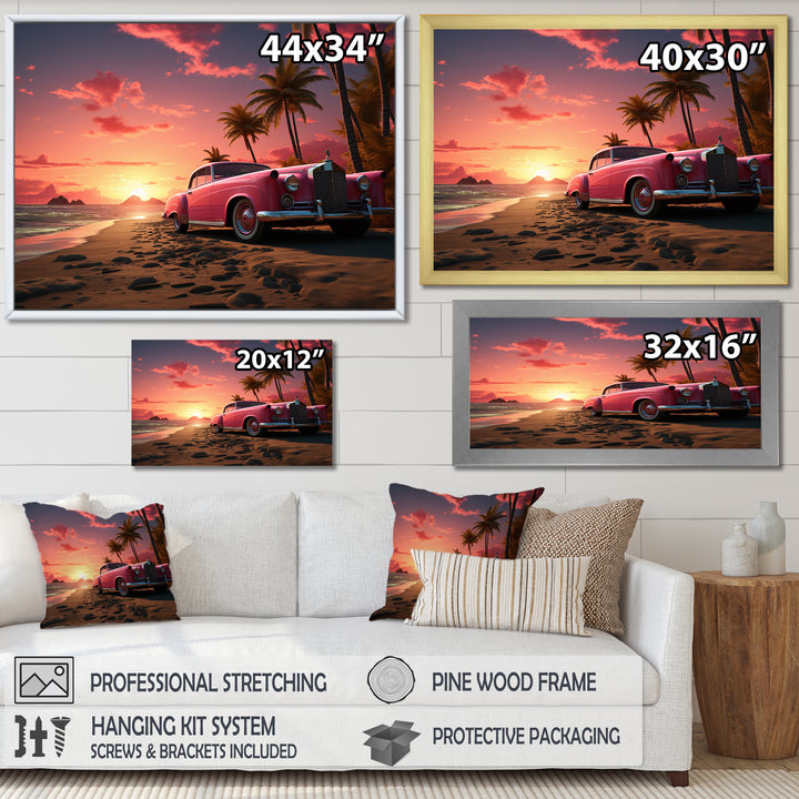 Pink Cadillac on the beach at sunset I - Car Old American Canvas Wall Art