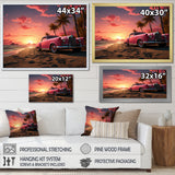 Pink Cadillac on the beach at sunset I - Car Old American Canvas Wall Art