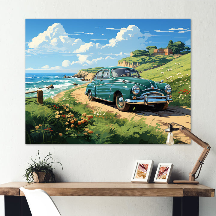 Green Classic American Car on a beach I - Car Old American Canvas Wall Art