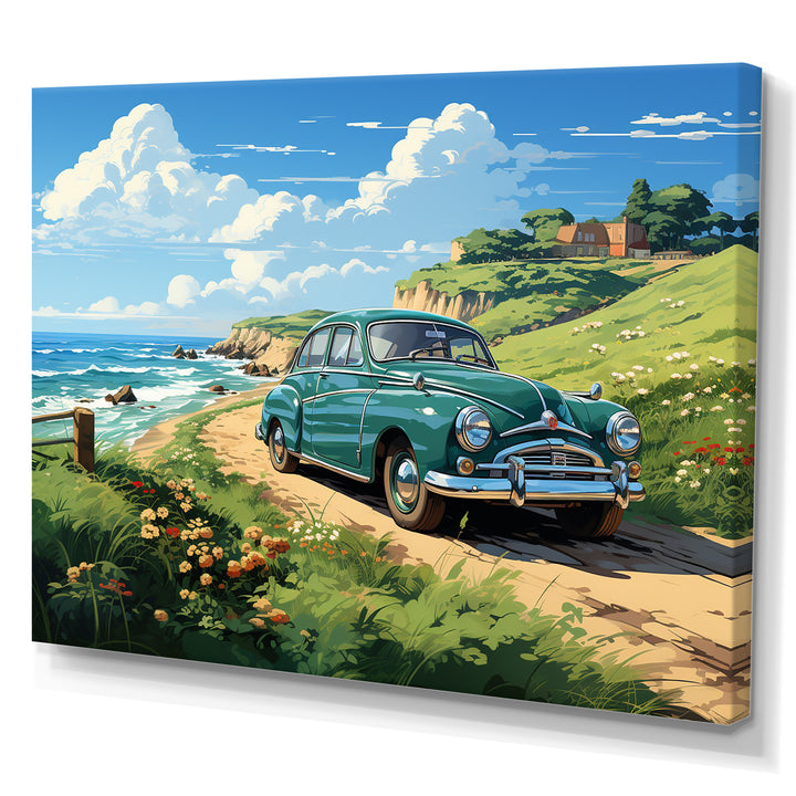 Green Classic American Car on a beach I - Car Old American Canvas Wall Art